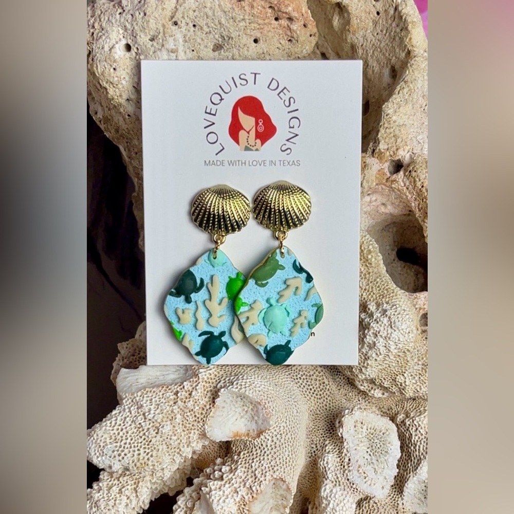 Handmade Seashell Turtle Glow Clay Dangle Earrings
